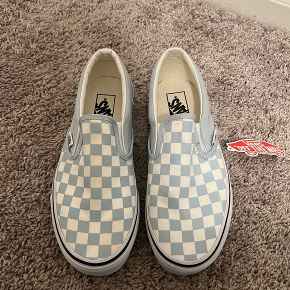{Vans} Classic Slip-On Baby Blue Checkered Shoes - Picture 2 of 10